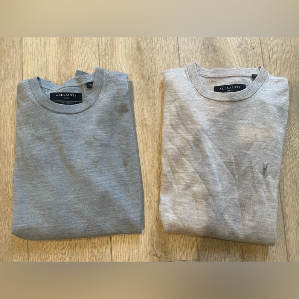 AllSaints Gray and Light Blue Merino Crewneck